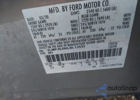 2020 Lincoln Nautilus Standard z USA, uszkodzony, nr VIN 2LMPJ6J90LBL13533